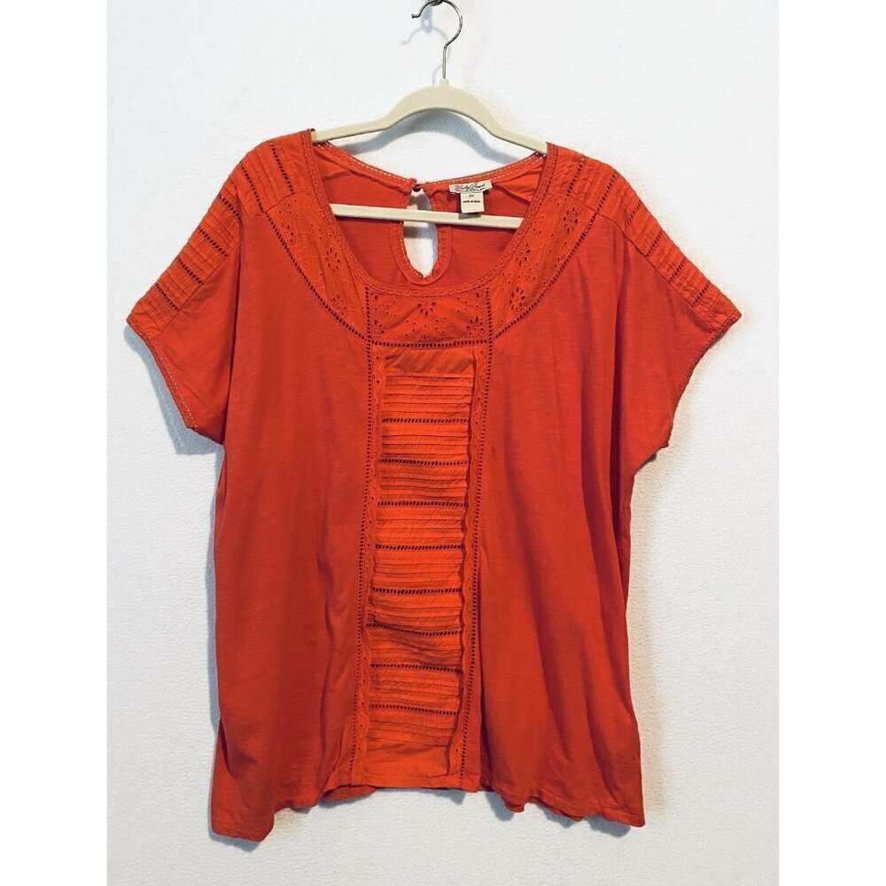 Lucky Brand Top Womens 2X Coral Orange Slub Knit Eyelet Crochet Trim Cotton Boho